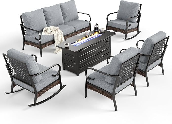 SUNSHINE VALLEY 6 Piece Black Metal Outdoor Patio Furniture Sets with Firepit Table, Patio Conversation Sets 1 3-Seater Sofa, 2 Leg Sofa and 2 Rocking Chair with 5.75" Cushion for Backyard Deck, Gray
