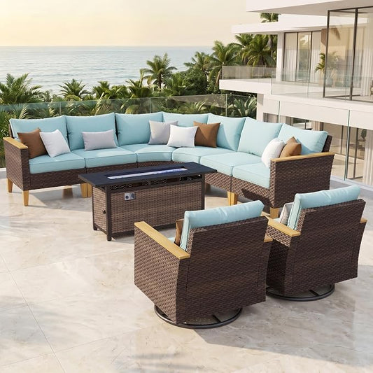 PHI VILLA Wicker Patio Furniture Set with Swivel Chairs, 9 Pieces Half Moon Outdoor Conversations Set with 56" Fire Pit Table, Oversized Rattan Patio Sectional Sofa with Ottoman, Aqua Blue Cushion