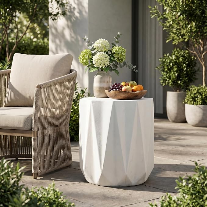 Outdoor Side Table Concrete End Tables Small Stone Bench Patio Garden Stool Plant Stand for Porch, Backyard Balcony,Weather Resistant, MgO,Drum,White