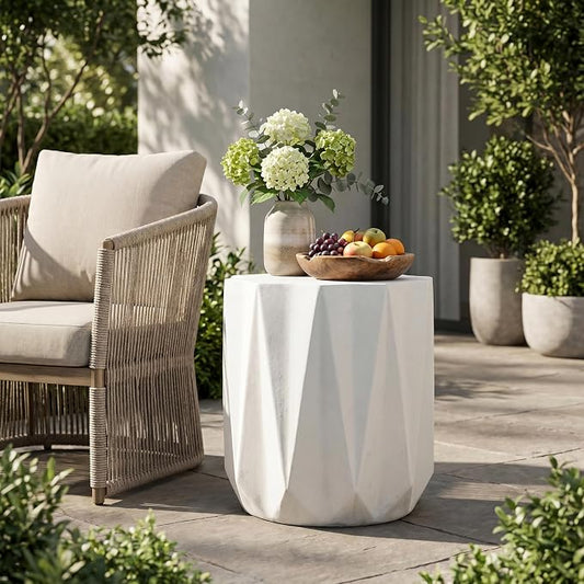 Concrete Side Table Outdoor Faux Stone Hourglass End Table, Round Outdoor Accent Table Patio Garden Stool Plant Stand for Porch, Backyard Patio Antique White 15.50"*17.75"