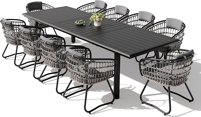 Pellebant 11-piece Outdoor Dining Set for 10 - Weather-Resistant Patio Dining Furniture, 116" Aluminum Outdoor Table with Umbrella Hole, Wicker Chairs with Cushion for Deck, Porch, Backyard, Gray