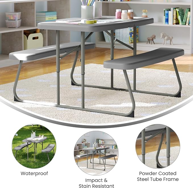 BizChair Easy-Fold Kids Outdoor Picnic Table and Benches - Commercial Grade Folding Plastic Play Table - Recommended for up to Age 5 - Gray