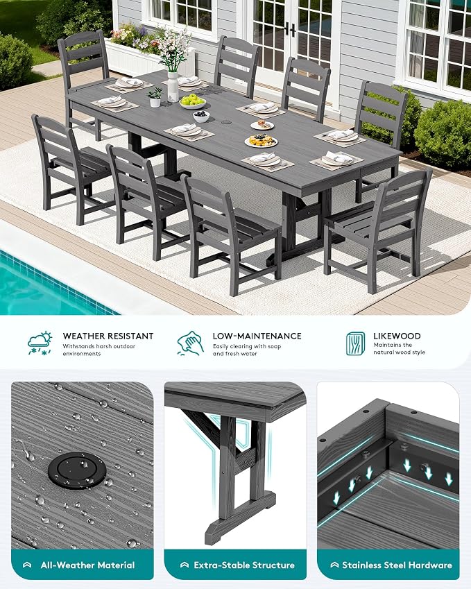 SERWALL 9 Piece Outdoor Dining Set, 84" HDPE Outdoor Table and Armless Chairs Set for 8，All Weather Patio Furniture Set with Umbrella Hole for Backyard, Garden, Gray