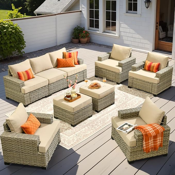 9 Pcs Outdoor Sectional Patio Furniture Set with Ottomans - All Weather Wicker Modular Outside Sectional Couch,Patio Seating Outdoor Conversation Sets for Deck Yard Garden,Beige