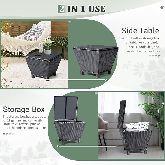 Outdoor PE Wicker Side Table with Storage, Small Patio Storage Bin Container for Hose Cushion Towel (Black)