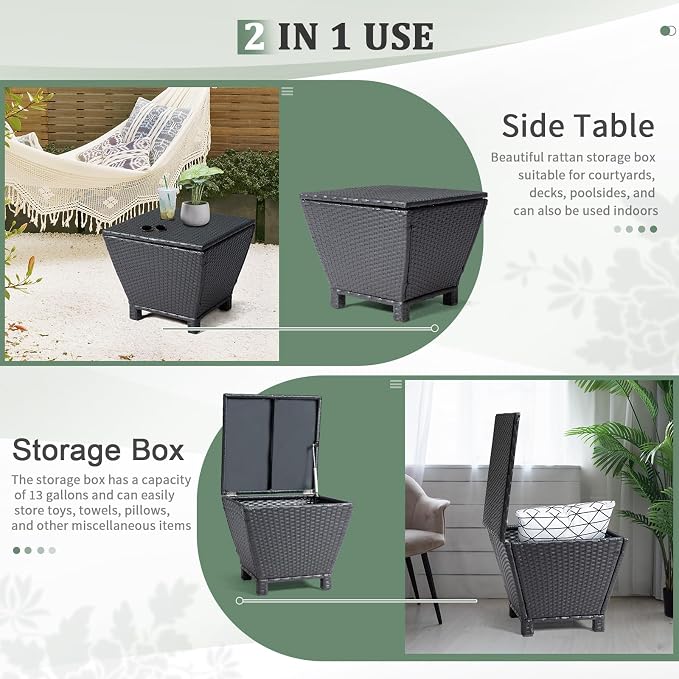 Outdoor Wicker Side Table with Storage, All-Weather Rattan Side Table, 13-Gallon Capacity, Water-Resistant Wicker Patio Table, for Outdoor Patio, Porch, Garden, Black