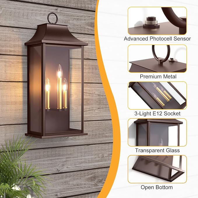 Dusk to Dawn Outdoor Wall Light, 25.3", Oil Rubbed Bronze | 3-Light, Large Outdoor Light Fixture, Waterproof Exterior Wall Lantern, For House Porch Patio