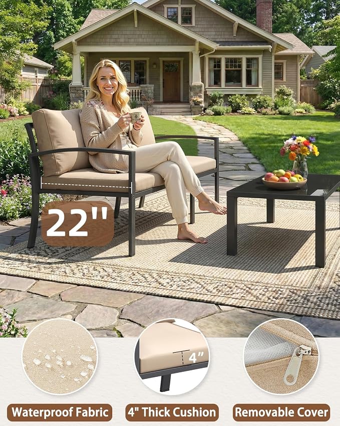 U-MAX Metal Patio Furniture Set with Waterproof Cover, 6 Pieces Outdoor Conversation Set with Coffee Table&Side Table, Outdoor Couch Sofa Modern Setting Set with Beige Cushions for Lawn, Backyard