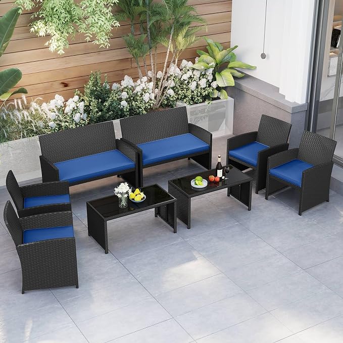 RELAX4LIFE 8-Piece Patio Furniture Set - Wicker Rattan Outdoor Sectional Sofa Set w/Glass Coffee Table, Loveseat, Chairs & Soft Cushions, Bistro Conversation for Garden Porch (2, Black-Navy)