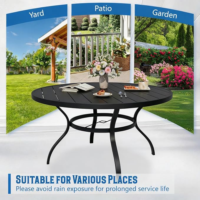 SUNCROWN 53 Inch Round Outdoor Patio Dining Table, All Weather Black Metal Steel Slat Table with 1.5" Umbrella Hole, Weather Resistant Outside Furniture for Lawn Garden Backyard Porch