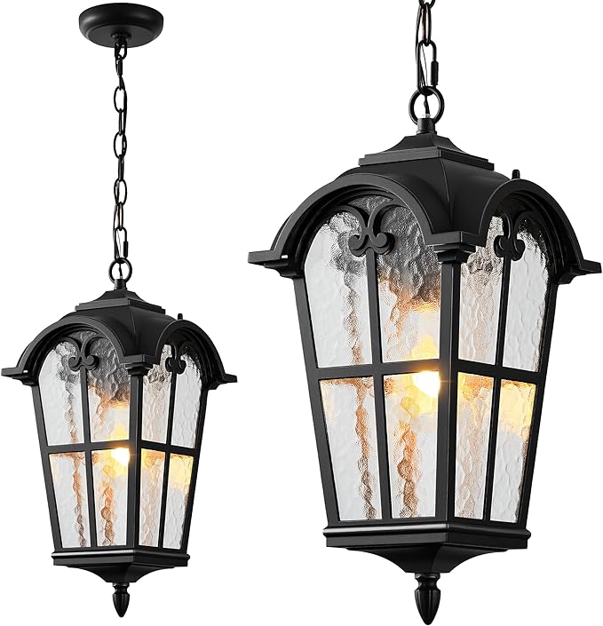 VIANIS 18.7'' Large Outdoor Pendant Lights, Black Hanging Porch Light Fixture, Aluminum Outside Ceiling Lighting for House, Porch, Doorway, Vintage Style, Waterproof and Anti-Rust, 1-Pack