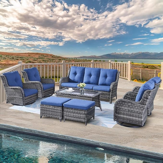 Belord Wicker Patio Furniture Sets - 8 Piece Rattan Outdoor Furniture Conversation Sets with 4 Swivel Rocker Chairs, Rattan Sofa, Wicker Ottomans and Coffee Table, Mixed Grey/Blue