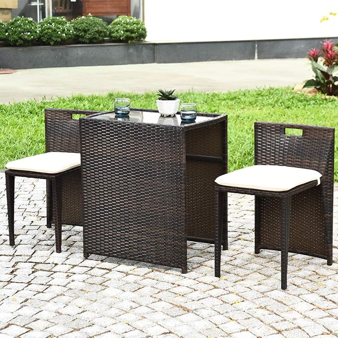 Tangkula 3 Piece Outdoor Rattan Dining Set, No Assembly Patio Bistro Set with Tempered Glass Table, Space Saving Patio Wicker Cushioned Chair Furniture Set for Courtyard, Balcony, Garden (Brown)