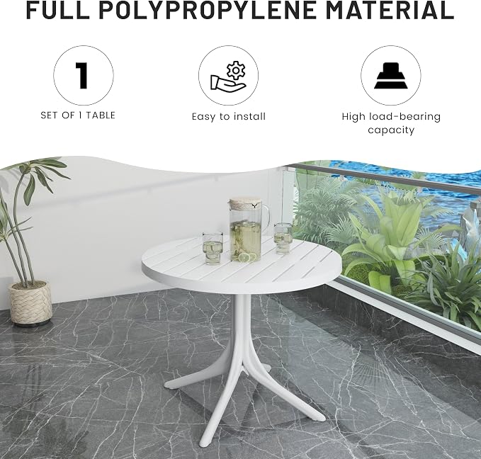 Summer 36 Inch Round White Plastic Table, Indoor/Outdoor Dining & Coffee Table, Lightweight & Foldable All-Weather Patio Table for Garden, Courtyard, Camping, Easy Assembly