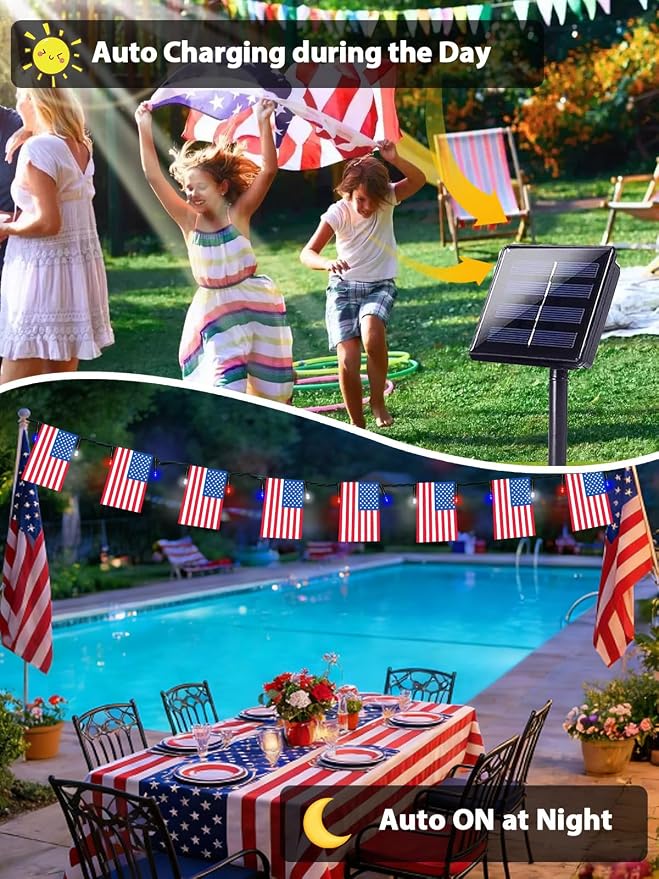 4th of July Decorations 2 Pack 100 LED Solar American Flag Lights Outdoor | 50 USA Flags, 8 Modes, Memory Function, Auto On/Off, 37.6FT Waterproof String Lights for 250th Anniversary Patriotic Decor