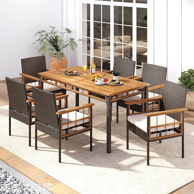 Tangkula 63-Inch Outdoor Dining Table for 6, Rectangular PE Rattan Patio Table with Acacia Wood Slatted Tabletop, 1.97" Umbrella Hole & Metal Frame, Outside Dining Furniture for Backyard, Garden, Deck