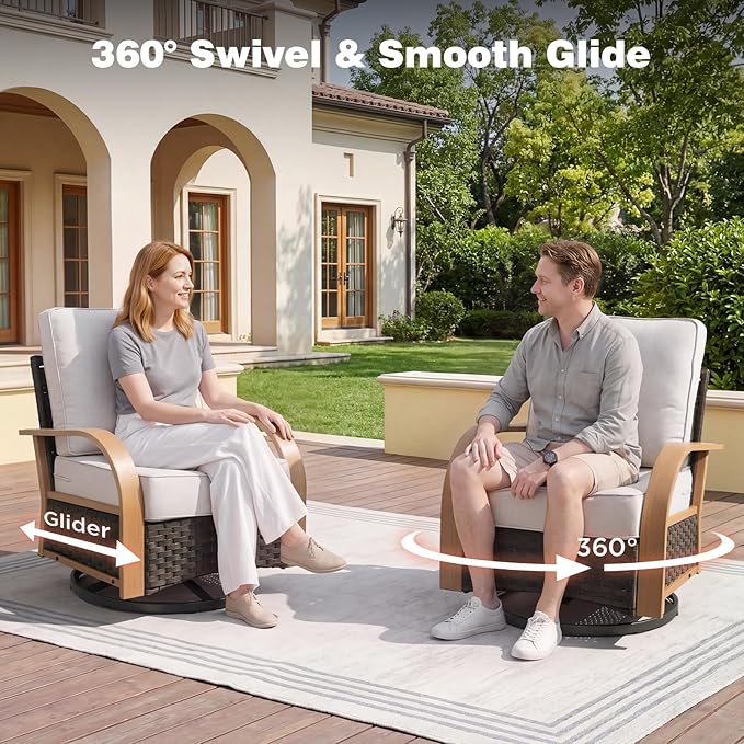 Belord 5 Piece Patio Furniture Set with Fire Pit Table, 4 Outdoor Swivel Chairs All Weather Conversation Set with 6-Inch Thick Cushions, Wicker Furniture for Deck Proch Pool Yard, Wood & Beige