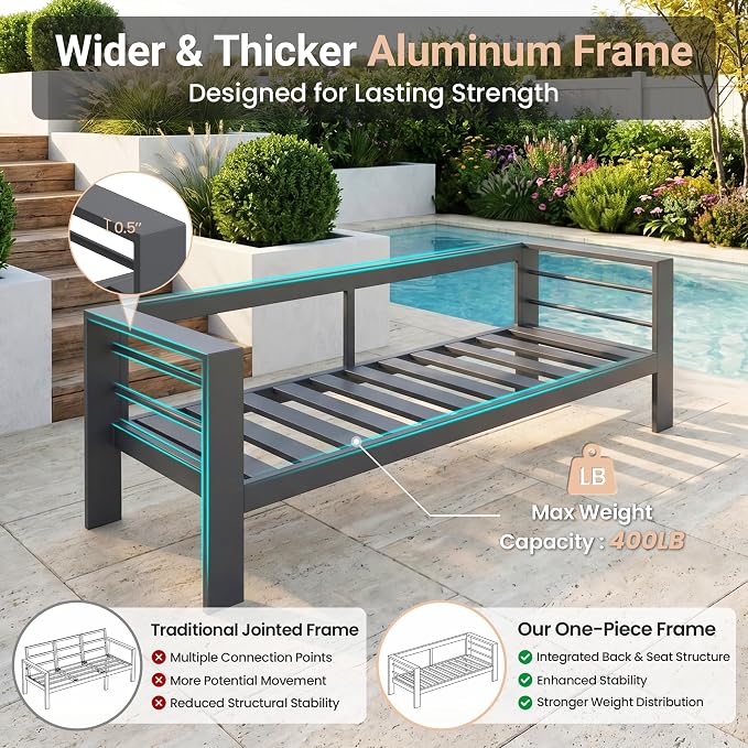 Solaste 7-Seaters Aluminum Outdoor Patio Furniture Set, Patio Sectional with 5" Thick Cushion, Outdoor Furniture with Coffee Table, Patio Sofa for Porch, Backyard, Deck, Yard, Dark Grey