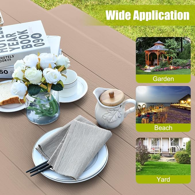 ORALNER Picnic Table, Plastic Dining Table & 2 Benches Set, Weather Resistant Wood Grain Resin Tabletop & Steel Frame, Picnic Tables for Outdoors, Porch Yard Patio Lawn Party Camping (Light Brown)