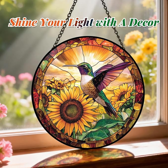 Stained Glass Hummingbird Suncatcher Window Hanging Flowers Gifts for Mom | 6.3in Garden Sun Catcher, Sunflowers Sunrise Ornament for Door Home, Gift for Bird Lovers Grandma & Mother's Day Christmas