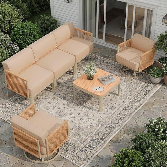EROMMY 5 Seats Patio Furniture Set, Metal Frame Outdoor Swivel Glider Rocking Chairs with 6" Thick Cushions, 3-Seat Sofa & Coffee Table, Patio Conversation Sets for Backyard, Poolside & Balcony, Beige