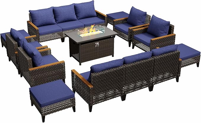 15 Piece Patio Furniture Set with 50000 BTU Propane Fire Pit Table, All-Weather Wicker Rattan Outdoor Sectional Sofa Set with High Back and Thick Cushions for Garden, Porch, Poolside, Blue