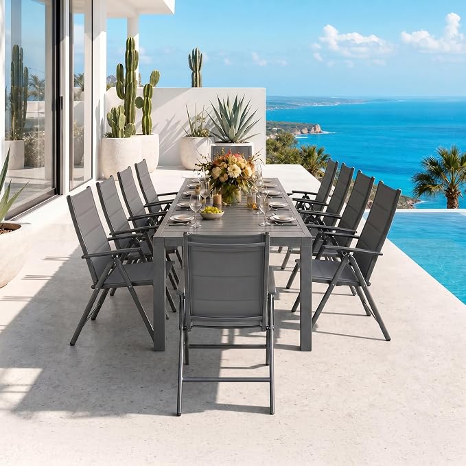 PURPLE LEAF Outdoor Dining Set for 10 Folding Patio Dining Set with Aluminum Rectangular Table and Padded Chairs All Weather Dining Table Sets for Garden Backyard Poolside, Grey
