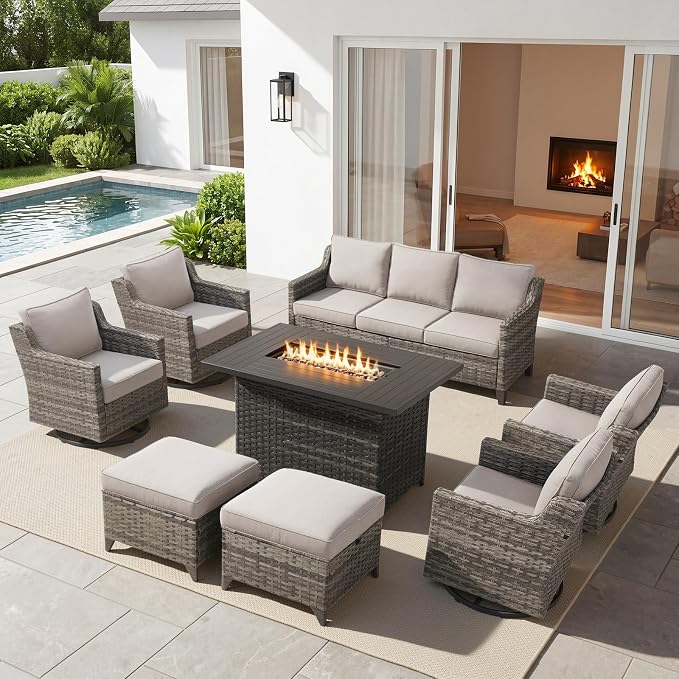 Belord Patio Wicker Swivel Rocker Patio Chairs with 3-Seater Sofa and Propane Fire Pit Table, Outdoor Furniture Set for Deck Porch Poolside, 8 Piece Patio Conversation Furniture Set,Beige