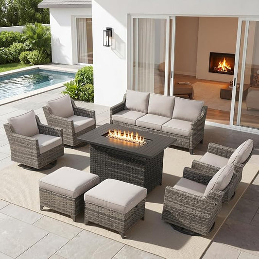 Belord Patio Wicker Swivel Rocker Patio Chairs with 3-Seater Sofa and Propane Fire Pit Table, Outdoor Furniture Set for Deck Porch Poolside, 8 Piece Patio Conversation Furniture Set,Beige