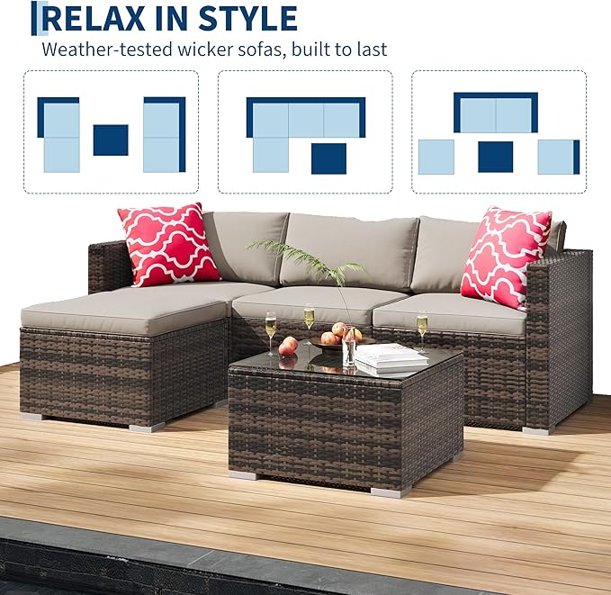 PeakPursuit Outdoor Patio Furniture Set, 5 Pieces Rattan Patio Conversation Sets with Glass Coffee Table and Cushion,All Weather Outdoor Patio Sofa for Garden, Poolside, Backyard,Grey