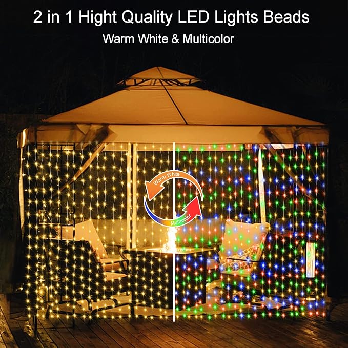echosari 9.8Ft x 9.8Ft Curtain Lights Battery Operated 2 Color Changing | 300 LED Hanging Lights Warm White & Multicolor with Remote & Hooks, Outdoor Curtain Lights for Party Backdrop Patio Decor