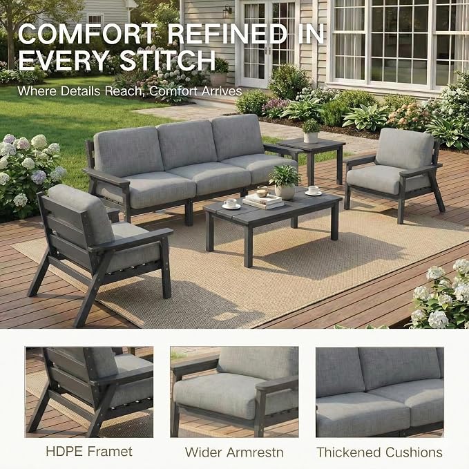 Kingdura HDPE Patio Furniture Set, 3 Piece Outdoor Sectional Sofa with Coffee Table, All Weather Outdoor Couch Conversation Set with Washable Cushions for Backyard Poolside Balcony