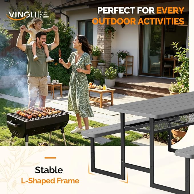 VINGLI 4.5ft Outdoor Picnic Table with Storage Shelf & 7.5 ft Umbrella, Wood Grain HDPE Top with Metal Frame Plastic Picnic Table for Dining Party Garden(Grey Table)