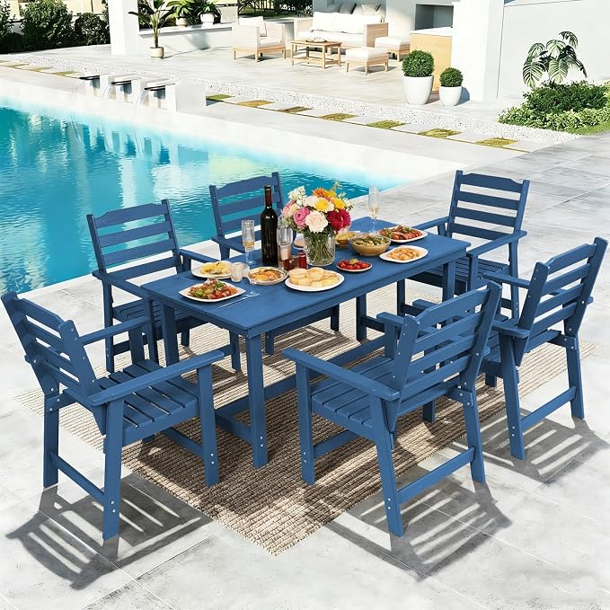 FUNBERRY Outdoor Dining Set, HDPE 7 Piece Dining Table Set with Chairs | 2" Umbrella Hole Table, Wood-Grain, HDPE All Weather, No Rot or Rust or Crack, UV Fade Shield, Easy-Clean for Outside