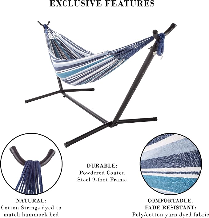 Double Brazilian Hammock with Stand– Woven Cotton, 2-Person, Outdoor Swing with Frame for Camping, Backyard or Patio by Pure Garden (Blue Stripes)