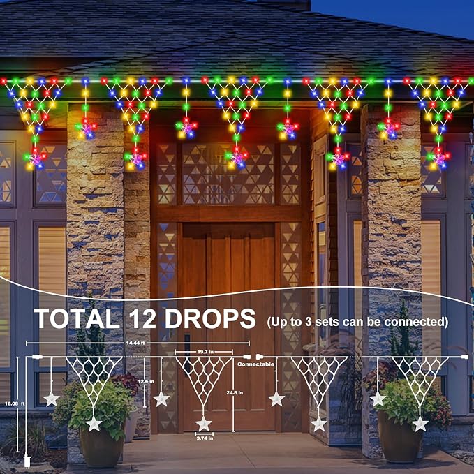 Christmas Icicle Lights, Outdoor Christmas Lights, 13.8FT 218 LED 8 Modes Curtain String Light, Plug-in LED Fairy Light for Wedding, Party, Indoor, Christmas Decoration - Multicolored