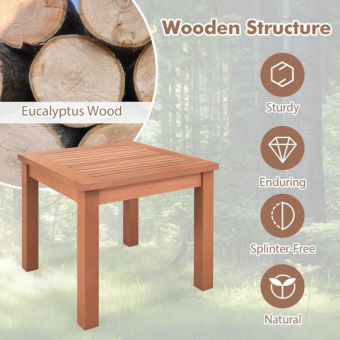 HAPPYGRILL Outdoor Side Table Set, Eucalyptus Wood Square End Table, Wood Patio Table with Slatted Tabletop for Backyard Poolside Porch