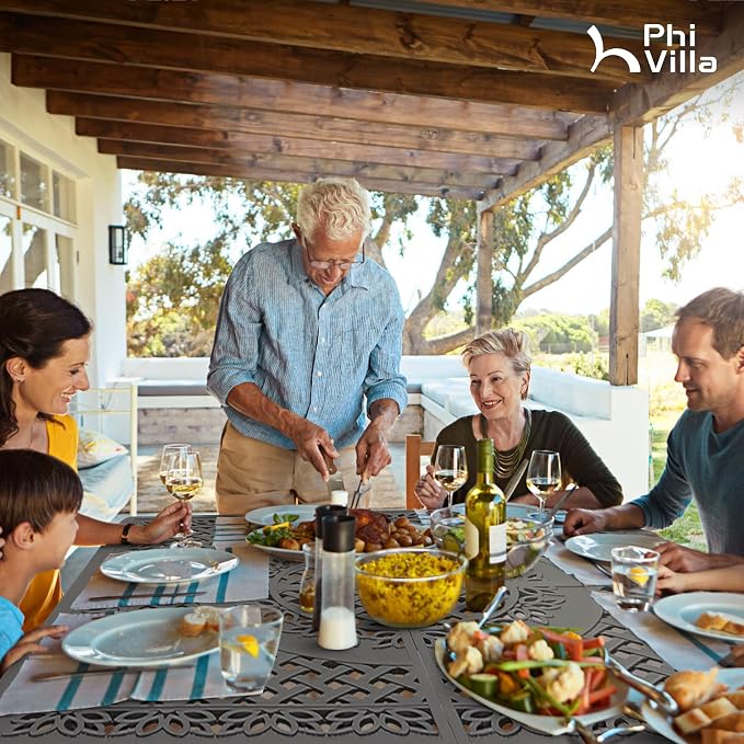 PHI VILLA 9 Pieces Cast Aluminum Outdoor Dining Set for 8, Square Metal Table with Umbrella Hole & Cushioned Rattan Wicker Chairs, Dining Furniture Set for Patio, Deck, Yard and Porch