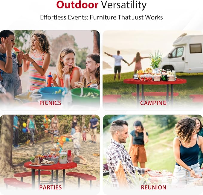Leisure Craft Metal Picnic Table with Bench - 46" Round Outdoor Dining Table with Umbrella Hole, Heavy Duty Thermoplastic Coating, ADA Compliant, Commercial Grade Furniture Made in USA - Red