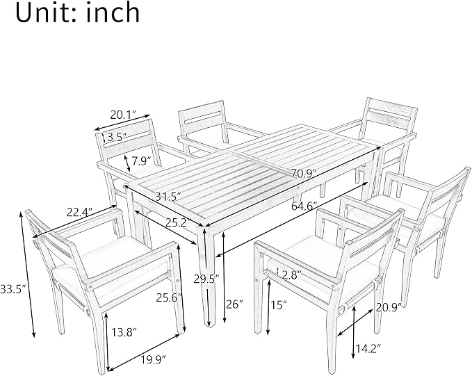 RUNNA 7-Piece Outdoor Patio Dining Set,Acacia Wood Outdoor Dining Table and Chairs Set with Armrest Chairs with Cushions for Patio, Balcony Or Backyard (Burly Wood/Acacia Wood)