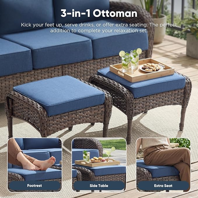 HUMMUH Outdoor Wicker Patio Sofa with Ottomans, 3-Piece, High Back | 6 in seat and back cushions, PE rattan, steel frames, Olefin covers, for deck, yard, porch, and poolside