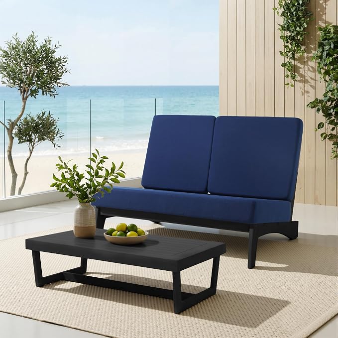 All Weather Patio Furniture Sets, 4 Pieces Black Wood Outdoor Sectional Futniture Patio Sofa Chair Backyard Conversation Set with Solid Wooden Coffee Table - Navy Blue
