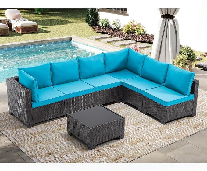 CANMOV 7 Pieces Patio Furniture Sets, All Weather Outdoor Patio Conversation Set, PE Wicker Rattan Sectional Sofa Couch Glass Coffee Table Washable Cushions, Peacock Blue