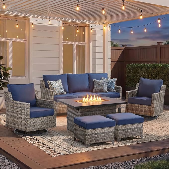 Patio Furniture Set with 42.5" Fire Pit Table-6 Pieces All Weather Wicker Outdoor Furniture with High Back Swivel Patio Chairs Set of 2 Outdoor Patio Conversation Sets for Deck Backyard Blue/Gray
