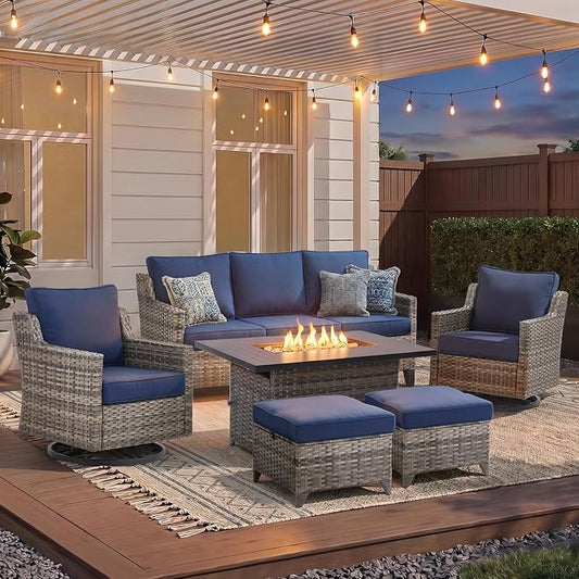 Patio Furniture Set with 42.5" Fire Pit Table-6 Pieces All Weather Wicker Outdoor Furniture with High Back Swivel Patio Chairs Set of 2 Outdoor Patio Conversation Sets for Deck Backyard Blue/Gray