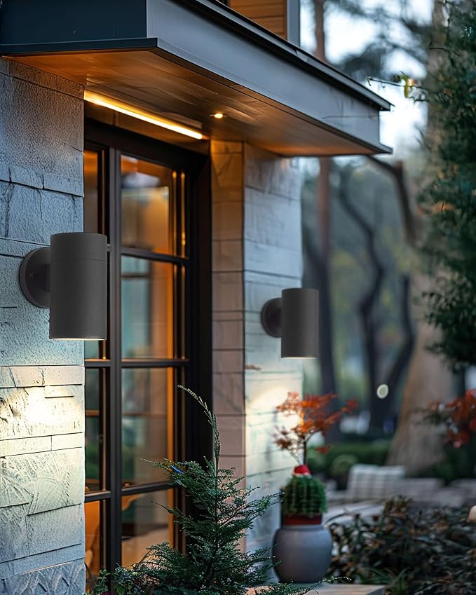 Ken & Ricky Modern Aluminum Outdoor Wall Sconce Lights,Cylinder，Black,1 PK | Downward Outside Wall Light With Glass Cover,No Glare Exterior Lighting Fixtures,For House Front Porch Garage Patio Entryway