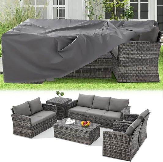 U-MAX 7 PCS Outdoor Patio Furniture Set w/Two Storage Boxes&Furniture Set Cover, Outdoor Conversation Set All-Weather PE Wicker Sectional Sofa, Grey Rattan& Grey Cushions