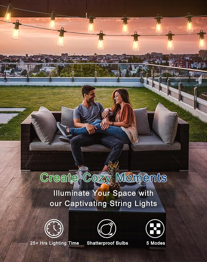 Zuske Solar String Lights Outdoor Waterproof 50FT with USB Port and 27 Shatterproof ST38 Bulbs(2 Spare), LED Solar Powered Patio Lights for Outside, Porch, Backyard, Bistro, Garden, Market - 2200K
