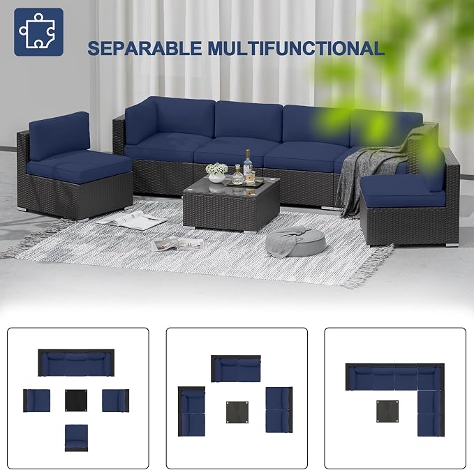 Betterland 7 Piece Outdoor Sectional Sofa Patio Furniture Set, All-Weather PE Rattan Wicker Patio Conversation Set with Washable Cushion, Glass Table and Waterproof Cover(Dark Blue)