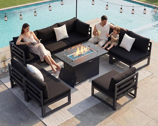 RADIATA 9 Pcs Large Modern Aluminum Outdoor Sofa with Rectangular Fire Pit Table, 29" Deep Wide Seat, 500 lbs Durable Sectional Set for Heavy People, All-Weather Patio Furniture Set for Terrace, Black